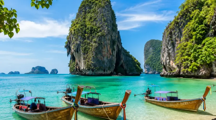 Krabi Thailand with limestone cliffs, turquoise sea, longtail boats, tropical beach, and bright morning island atmosphere.