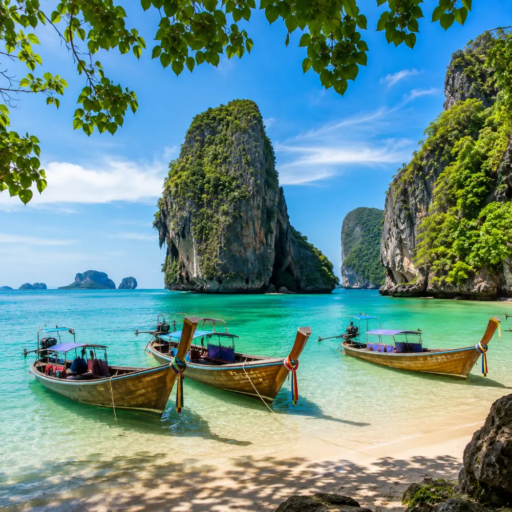 Krabi Thailand with limestone cliffs, turquoise sea, longtail boats, tropical beach, and bright morning island atmosphere.