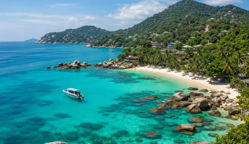 Koh Samui Thailand with turquoise beach, luxury resort villas, tropical palms, and bright morning island atmosphere.