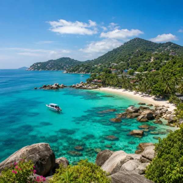 Koh Samui Thailand with turquoise beach, luxury resort villas, tropical palms, and bright morning island atmosphere.