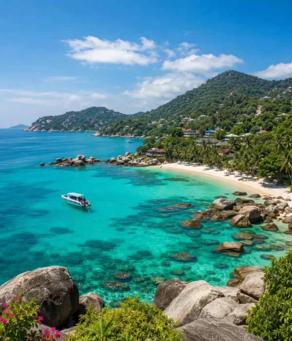 Koh Samui Thailand with turquoise beach, luxury resort villas, tropical palms, and bright morning island atmosphere.