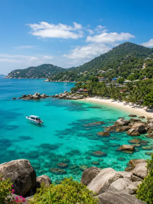 Koh Samui Thailand with turquoise beach, luxury resort villas, tropical palms, and bright morning island atmosphere.
