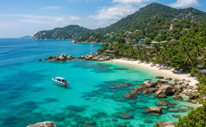 Koh Samui Thailand with turquoise beach, luxury resort villas, tropical palms, and bright morning island atmosphere.