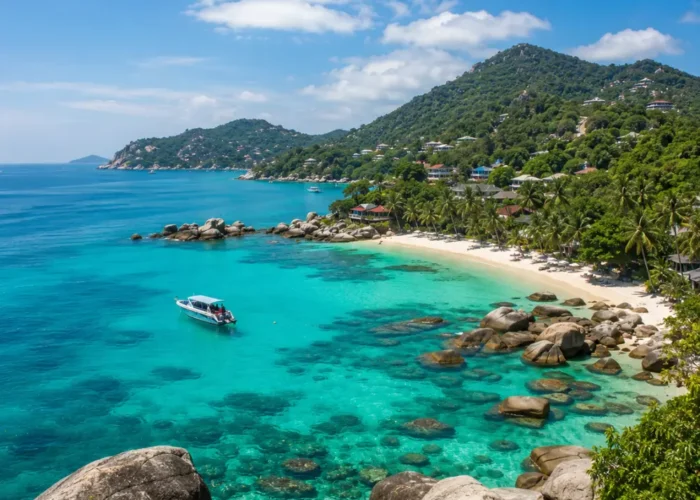 Koh Samui Thailand with turquoise beach, luxury resort villas, tropical palms, and bright morning island atmosphere.