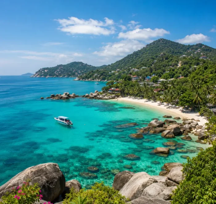 Koh Samui Thailand with turquoise beach, luxury resort villas, tropical palms, and bright morning island atmosphere.