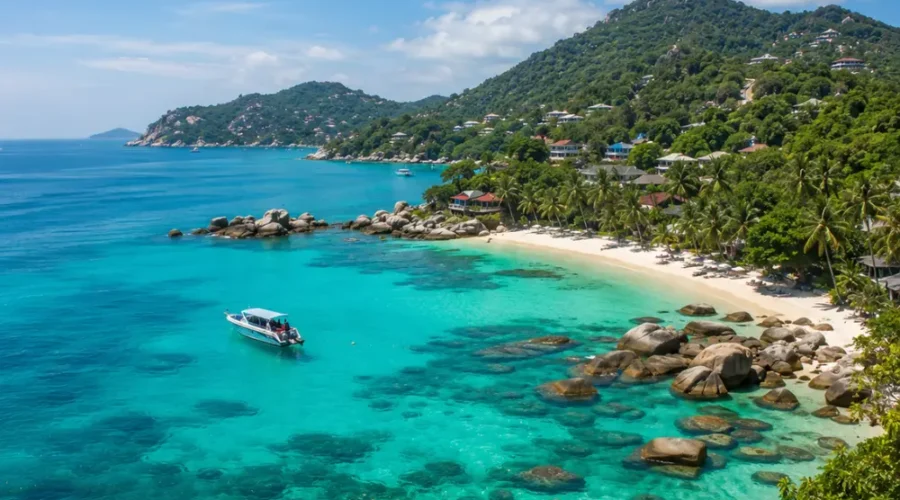 Koh Samui Thailand with turquoise beach, luxury resort villas, tropical palms, and bright morning island atmosphere.