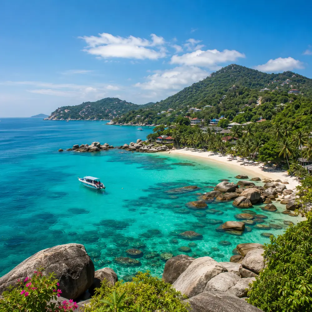 Koh Samui Thailand with turquoise beach, luxury resort villas, tropical palms, and bright morning island atmosphere.