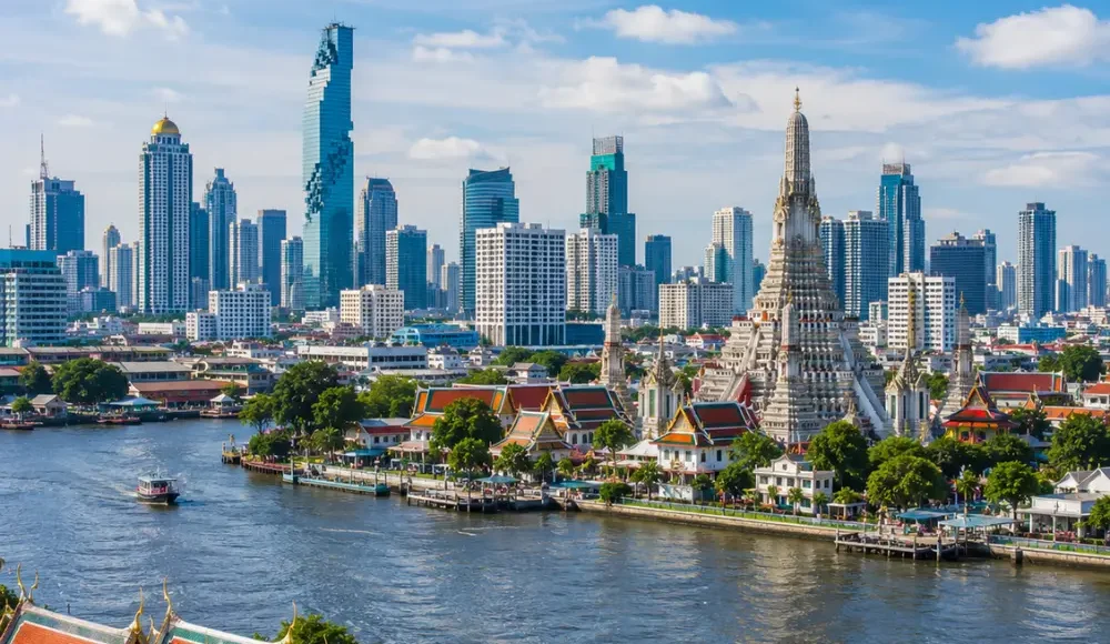 Bangkok city skyline with Grand Palace, Chao Phraya River, modern towers, and bright morning Thai atmosphere.