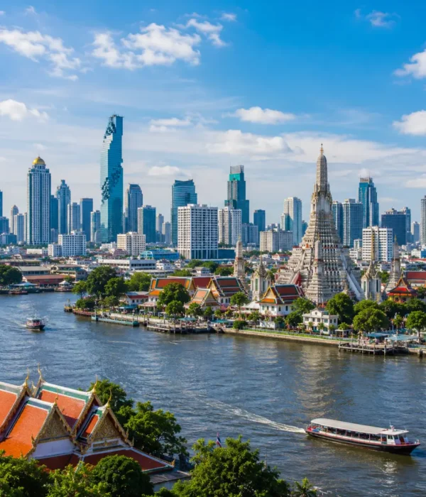 Bangkok city skyline with Grand Palace, Chao Phraya River, modern towers, and bright morning Thai atmosphere.