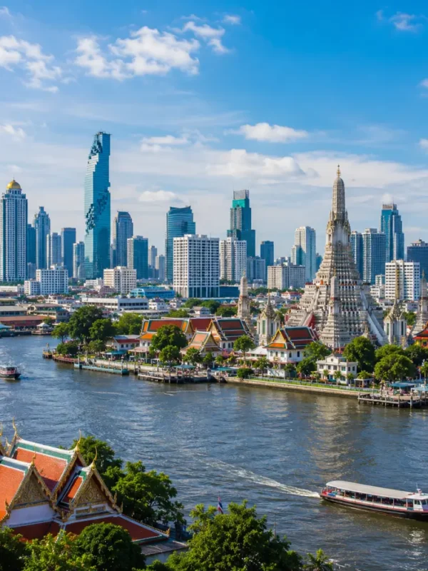 Bangkok city skyline with Grand Palace, Chao Phraya River, modern towers, and bright morning Thai atmosphere.
