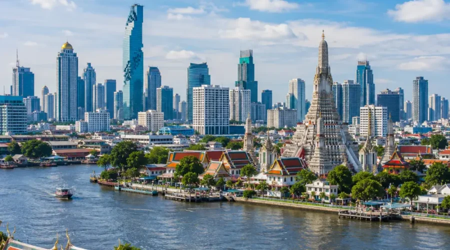 Bangkok city skyline with Grand Palace, Chao Phraya River, modern towers, and bright morning Thai atmosphere.