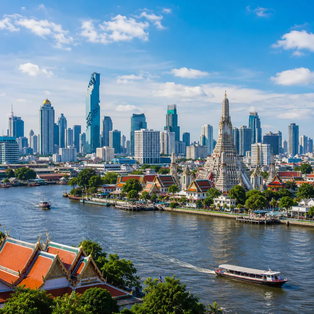 Bangkok city skyline with Grand Palace, Chao Phraya River, modern towers, and bright morning Thai atmosphere.