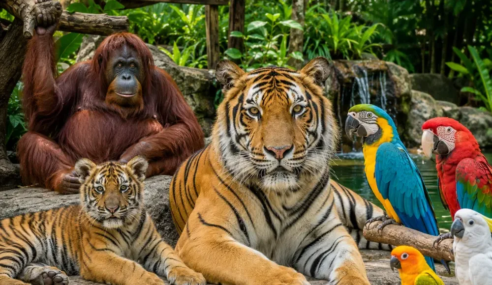 Pattaya Tiger Park with big tiger, tiger cub, orangutan, colorful birds, tropical greenery, and bright morning atmosphere.