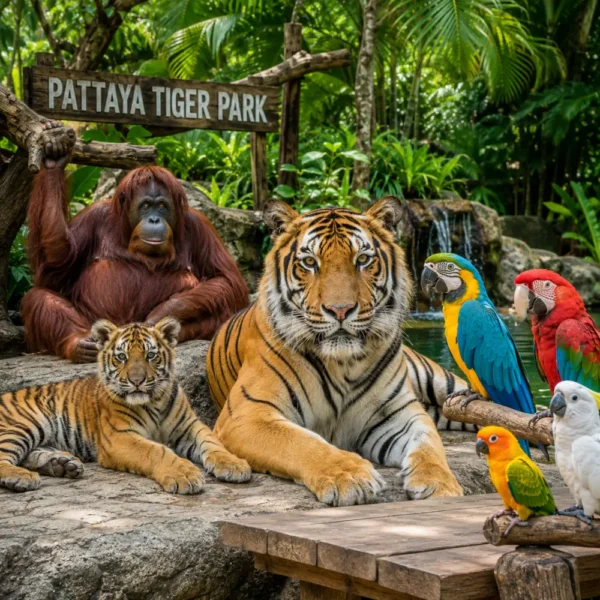 Pattaya Tiger Park with big tiger, tiger cub, orangutan, colorful birds, tropical greenery, and bright morning atmosphere.