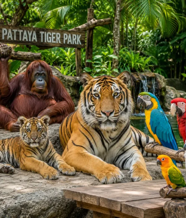 Pattaya Tiger Park with big tiger, tiger cub, orangutan, colorful birds, tropical greenery, and bright morning atmosphere.