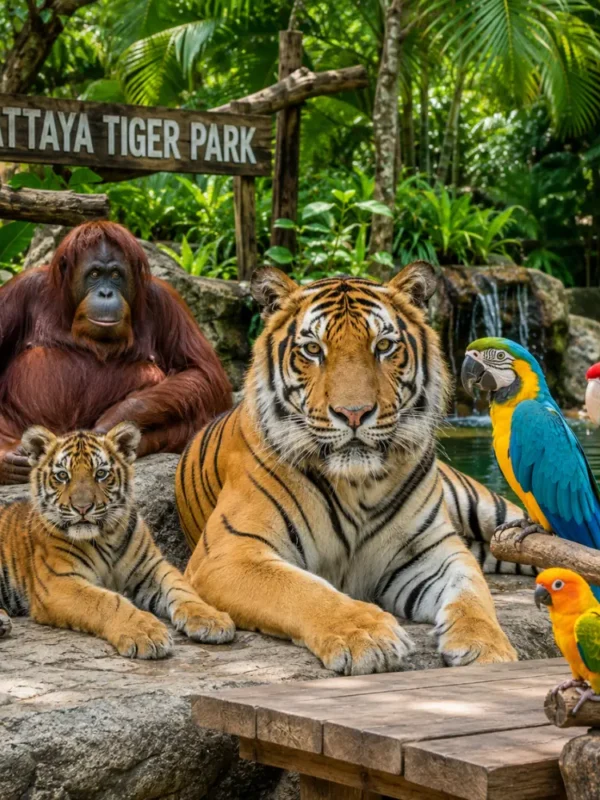 Pattaya Tiger Park with big tiger, tiger cub, orangutan, colorful birds, tropical greenery, and bright morning atmosphere.