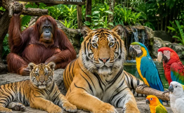 Pattaya Tiger Park with big tiger, tiger cub, orangutan, colorful birds, tropical greenery, and bright morning atmosphere.
