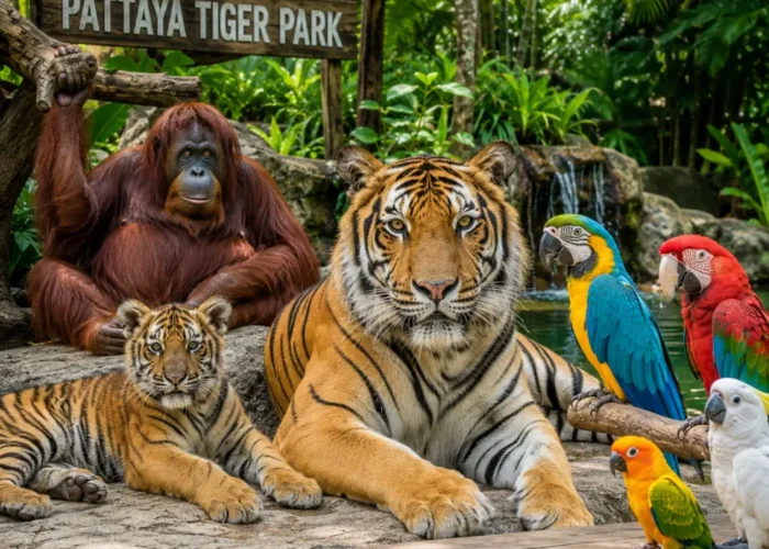 Pattaya Tiger Park with big tiger, tiger cub, orangutan, colorful birds, tropical greenery, and bright morning atmosphere.