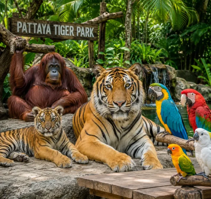 Pattaya Tiger Park with big tiger, tiger cub, orangutan, colorful birds, tropical greenery, and bright morning atmosphere.