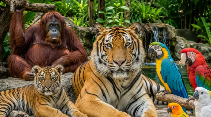 Pattaya Tiger Park with big tiger, tiger cub, orangutan, colorful birds, tropical greenery, and bright morning atmosphere.