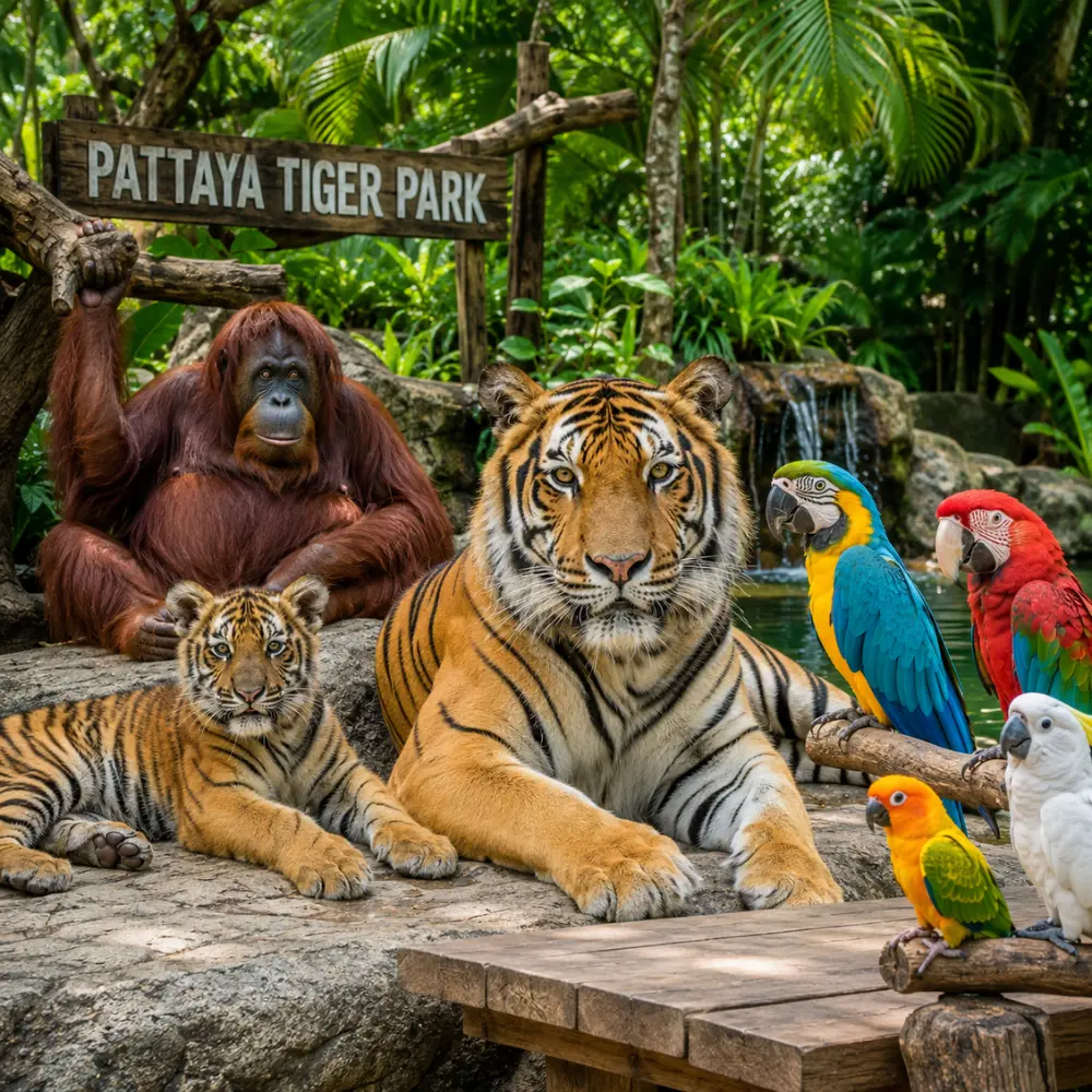 Pattaya Tiger Park with big tiger, tiger cub, orangutan, colorful birds, tropical greenery, and bright morning atmosphere.