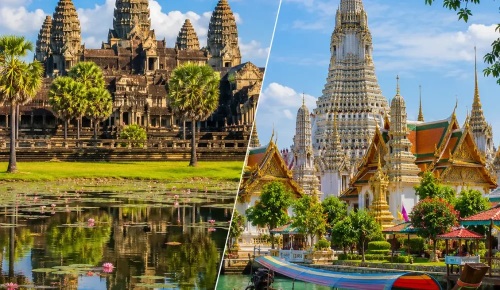 Cambodia and Thailand tour scene with Angkor Wat, Thai temples, tropical beaches, and bright morning travel atmosphere.