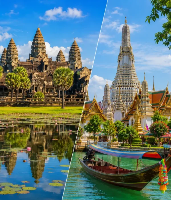 Cambodia and Thailand tour scene with Angkor Wat, Thai temples, tropical beaches, and bright morning travel atmosphere.