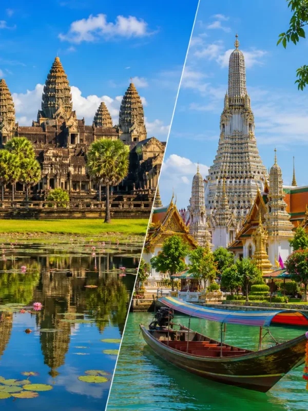 Cambodia and Thailand tour scene with Angkor Wat, Thai temples, tropical beaches, and bright morning travel atmosphere.