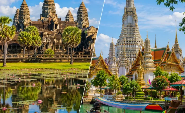 Cambodia and Thailand tour scene with Angkor Wat, Thai temples, tropical beaches, and bright morning travel atmosphere.