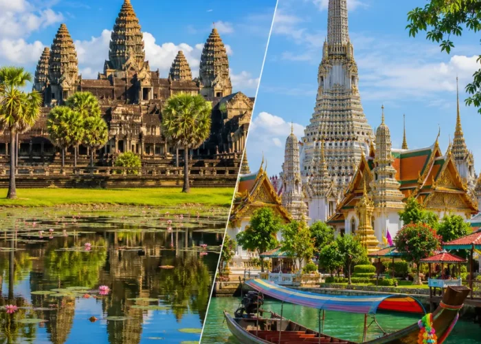Cambodia and Thailand tour scene with Angkor Wat, Thai temples, tropical beaches, and bright morning travel atmosphere.