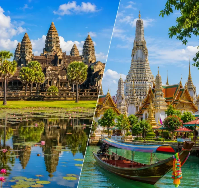 Cambodia and Thailand tour scene with Angkor Wat, Thai temples, tropical beaches, and bright morning travel atmosphere.