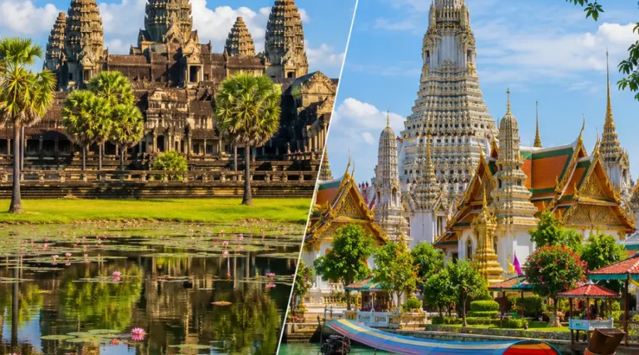 Cambodia and Thailand tour scene with Angkor Wat, Thai temples, tropical beaches, and bright morning travel atmosphere.