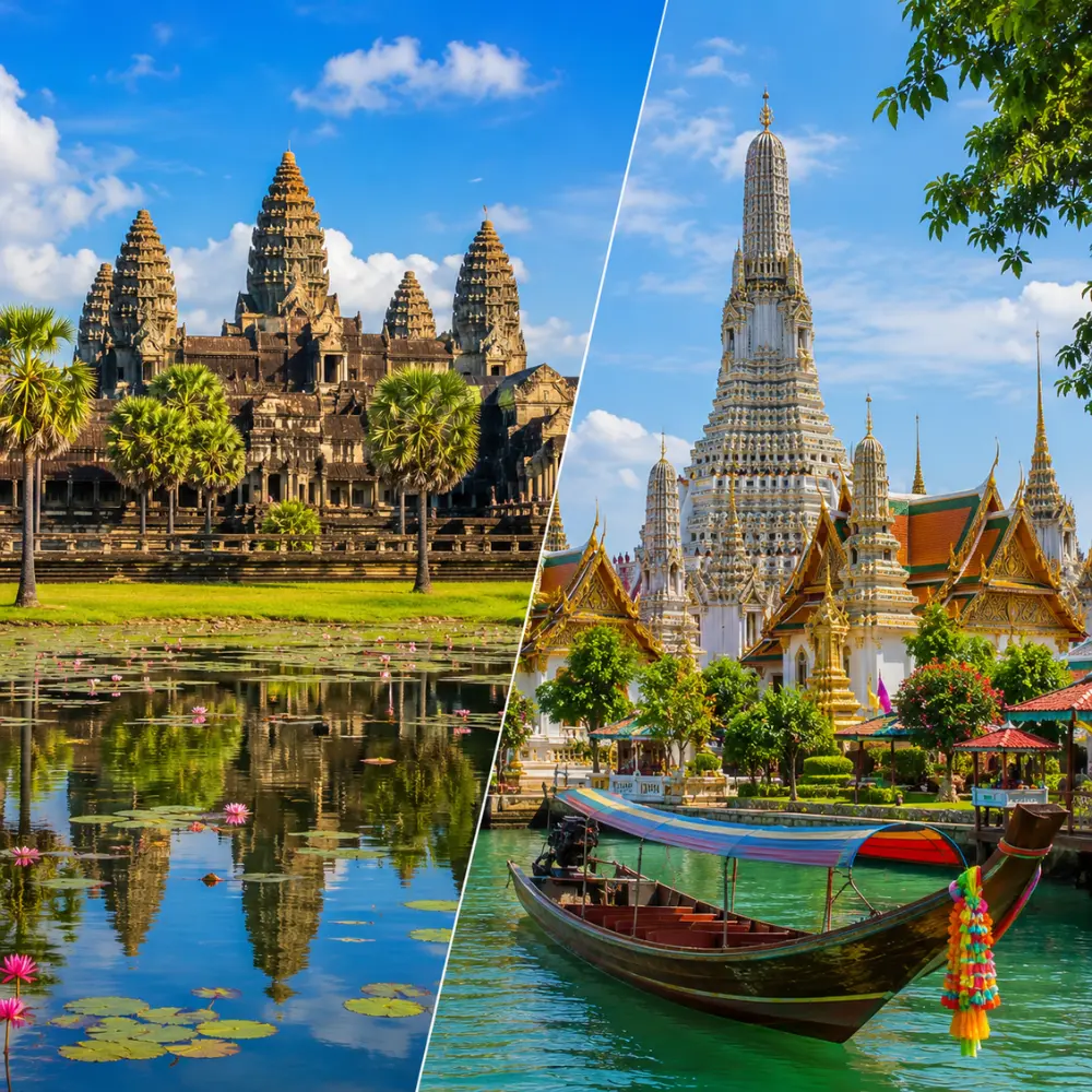 Cambodia and Thailand tour scene with Angkor Wat, Thai temples, tropical beaches, and bright morning travel atmosphere.