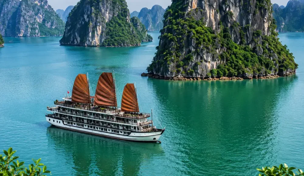 Ha Long Bay Vietnam with limestone karsts, emerald water, luxury cruise ship, and bright morning travel atmosphere.