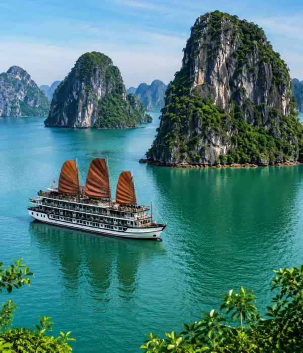 Ha Long Bay Vietnam with limestone karsts, emerald water, luxury cruise ship, and bright morning travel atmosphere.