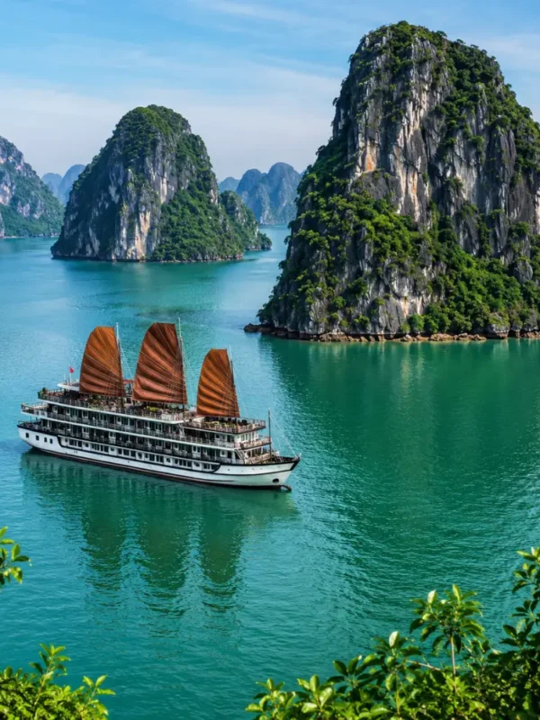 Ha Long Bay Vietnam with limestone karsts, emerald water, luxury cruise ship, and bright morning travel atmosphere.