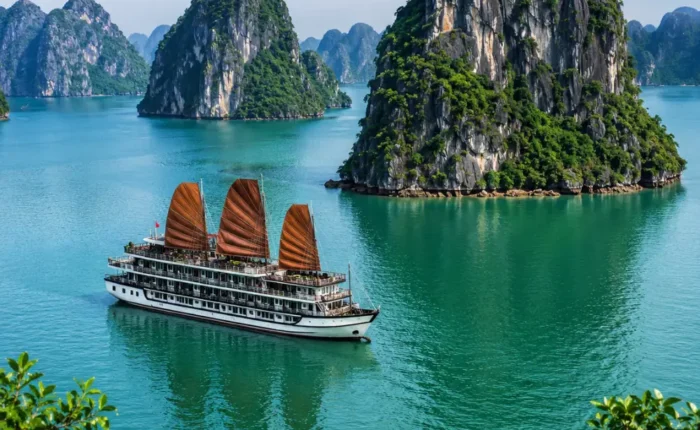 Ha Long Bay Vietnam with limestone karsts, emerald water, luxury cruise ship, and bright morning travel atmosphere.