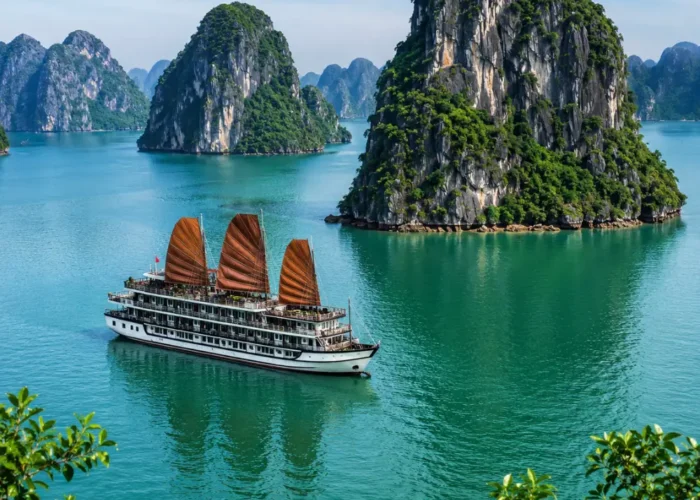 Ha Long Bay Vietnam with limestone karsts, emerald water, luxury cruise ship, and bright morning travel atmosphere.