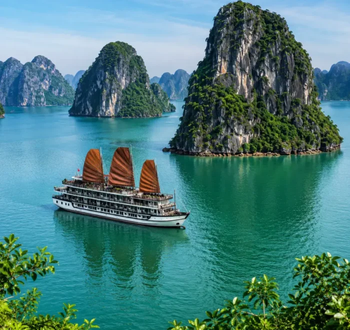 Ha Long Bay Vietnam with limestone karsts, emerald water, luxury cruise ship, and bright morning travel atmosphere.