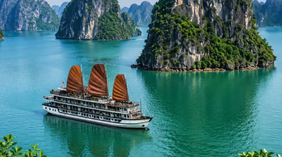 Ha Long Bay Vietnam with limestone karsts, emerald water, luxury cruise ship, and bright morning travel atmosphere.