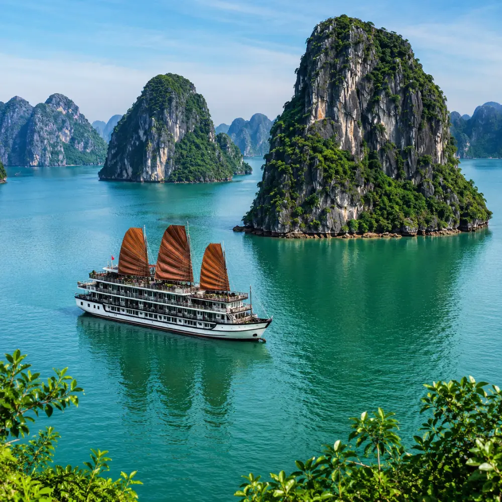 Ha Long Bay Vietnam with limestone karsts, emerald water, luxury cruise ship, and bright morning travel atmosphere.