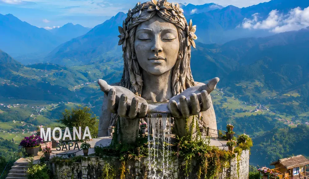 Moana Sapa Vietnam with mountain swings, rice terrace views, scenic valley, and bright morning highland atmosphere.