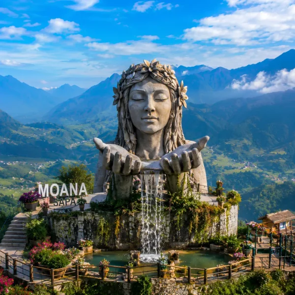 Moana Sapa Vietnam with mountain swings, rice terrace views, scenic valley, and bright morning highland atmosphere.