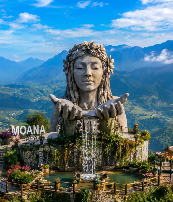 Moana Sapa Vietnam with mountain swings, rice terrace views, scenic valley, and bright morning highland atmosphere.