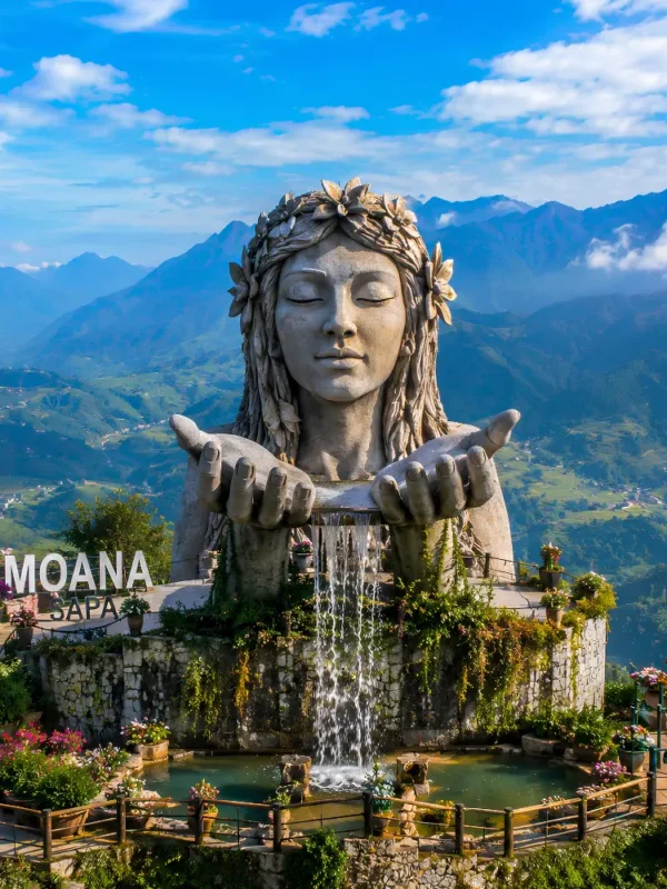 Moana Sapa Vietnam with mountain swings, rice terrace views, scenic valley, and bright morning highland atmosphere.