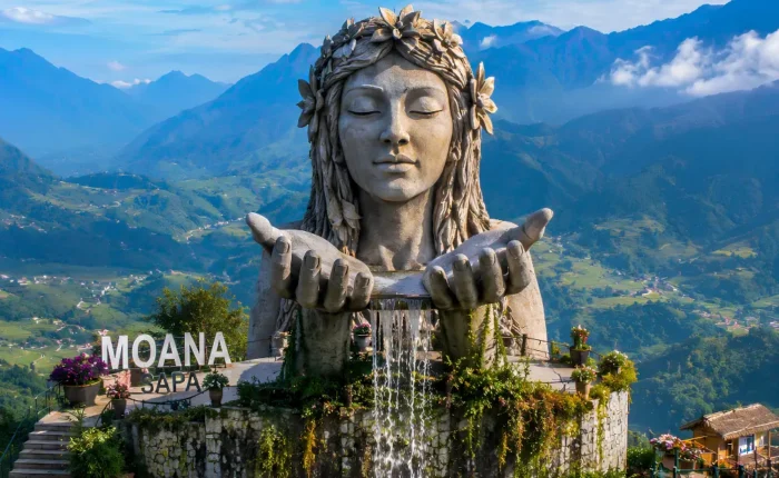 Moana Sapa Vietnam with mountain swings, rice terrace views, scenic valley, and bright morning highland atmosphere.