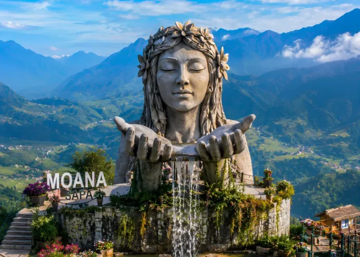 Moana Sapa Vietnam with mountain swings, rice terrace views, scenic valley, and bright morning highland atmosphere.
