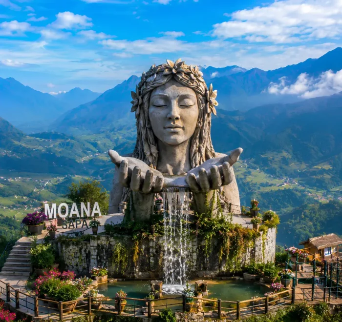 Moana Sapa Vietnam with mountain swings, rice terrace views, scenic valley, and bright morning highland atmosphere.