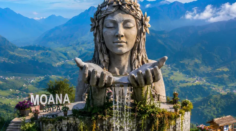 Moana Sapa Vietnam with mountain swings, rice terrace views, scenic valley, and bright morning highland atmosphere.
