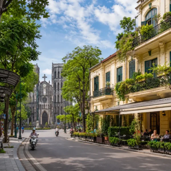 Hanoi street view with St. Joseph’s Cathedral, colonial buildings, green trees, and a bright luxury travel atmosphere.